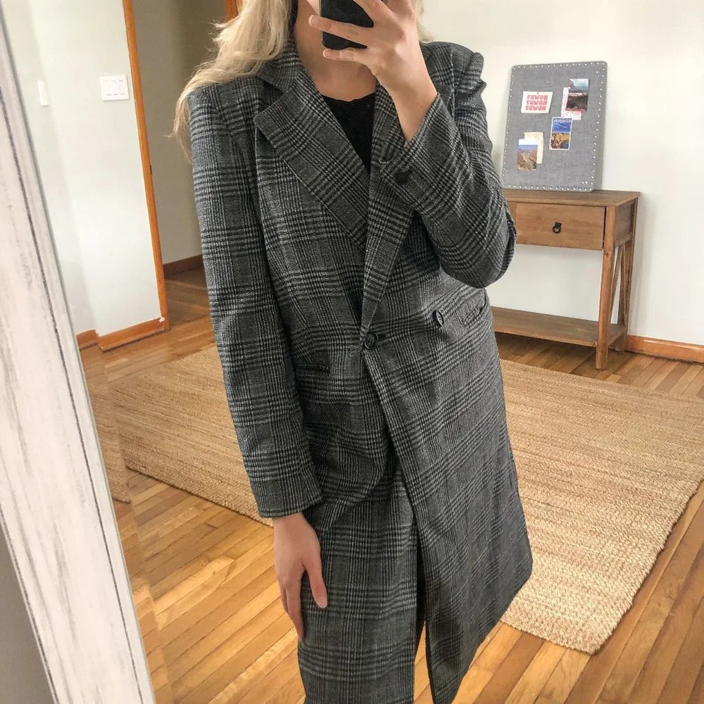 Something Navy Plaid Button Front Long Gray Collared Trench Coat S FLAWED